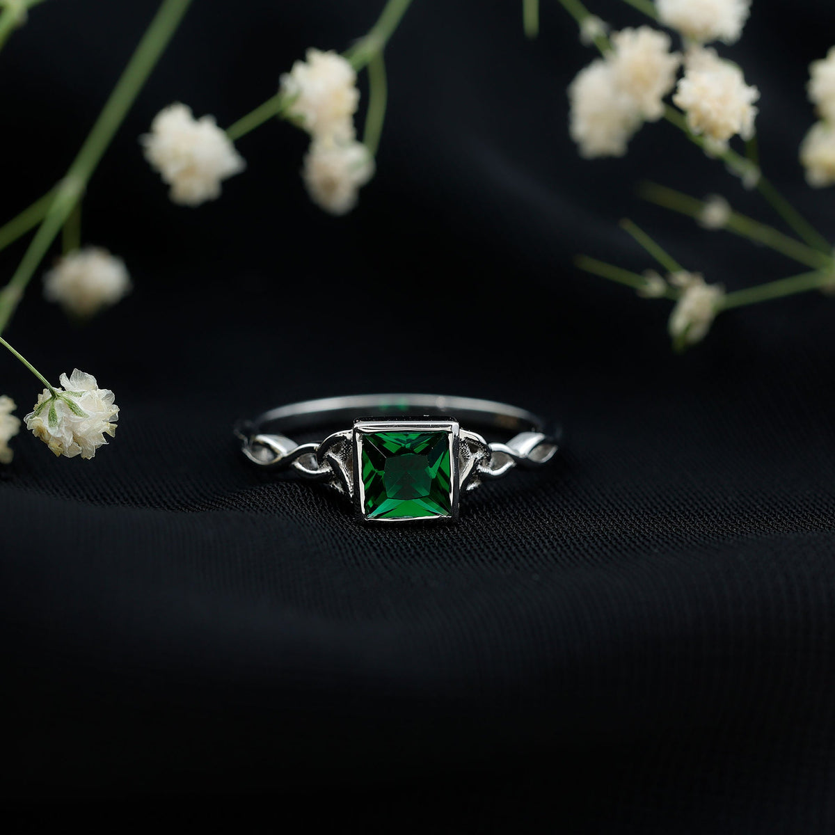 Princess Cut Emerald Ring – Lab Grown Bezel Setting Celtic Promise Band
