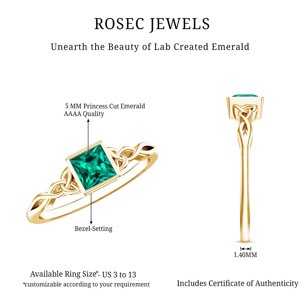 Princess Cut Emerald Ring – Lab Grown Bezel Setting Celtic Promise Band