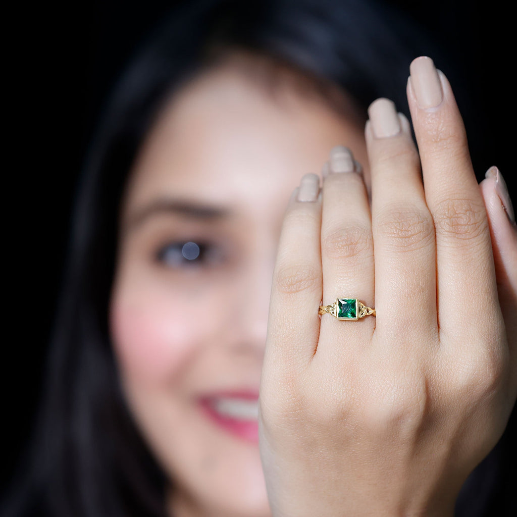 Princess Cut Emerald Ring – Lab Grown Bezel Setting Celtic Promise Band