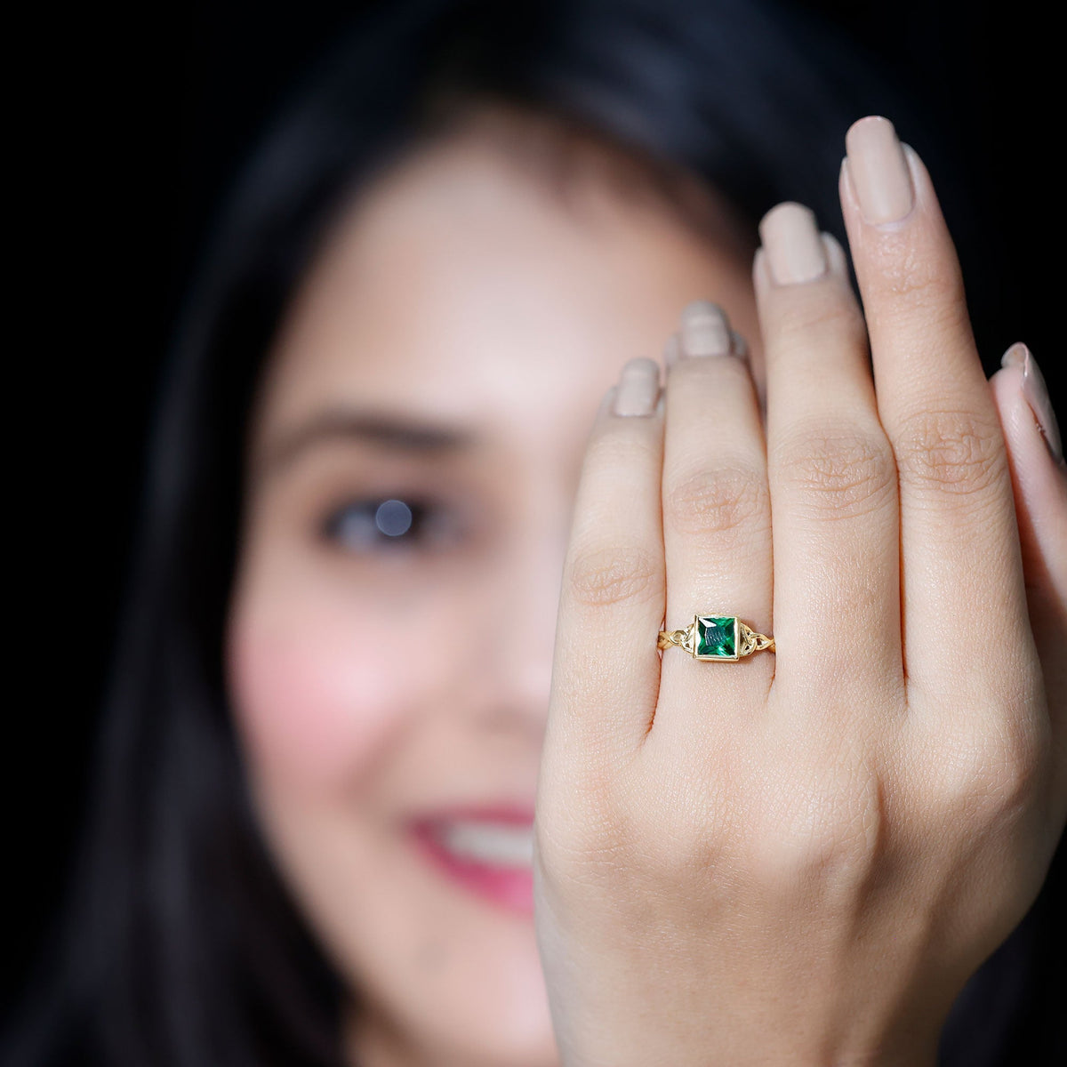 Princess Cut Emerald Ring – Lab Grown Bezel Setting Celtic Promise Band