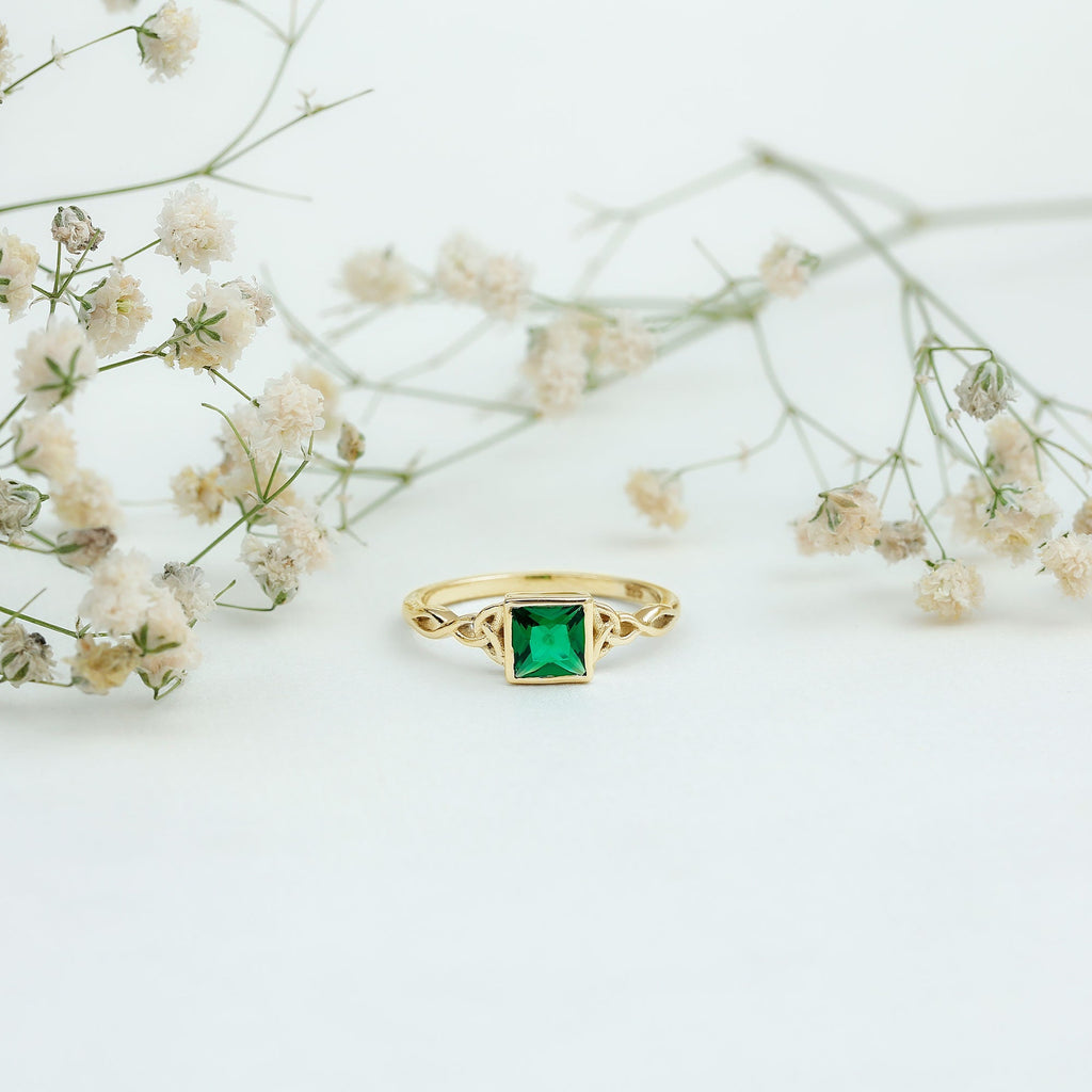 Princess Cut Emerald Ring – Lab Grown Bezel Setting Celtic Promise Band