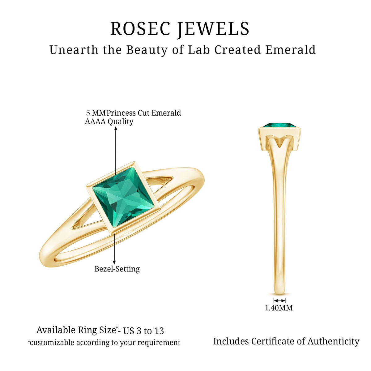 Princess Cut Emerald Ring – Lab Grown Emerald Solitaire with Split Shank Design