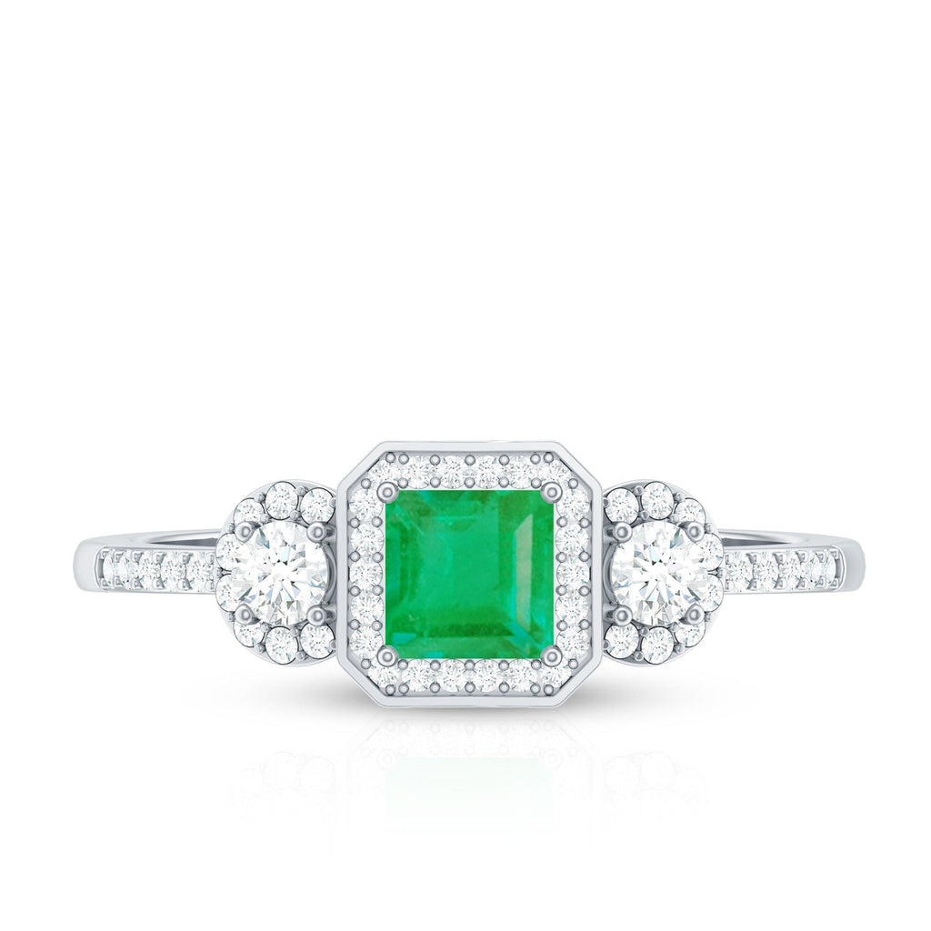 Princess Cut Emerald Ring – Vintage Engagement Band with Diamond Accents