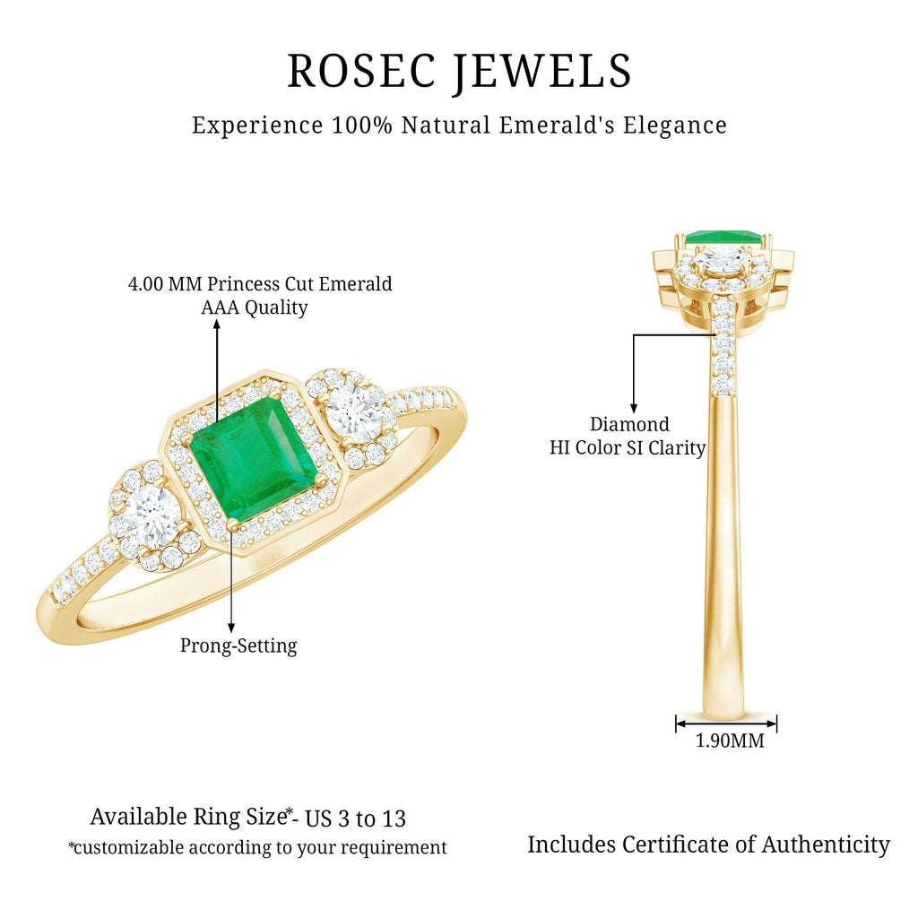 Princess Cut Emerald Ring – Vintage Engagement Band with Diamond Accents