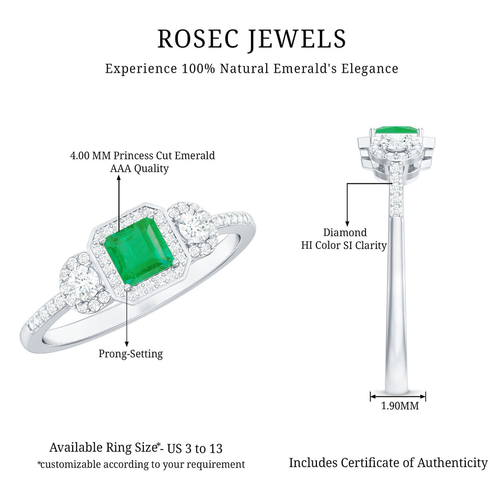 Princess Cut Emerald Ring – Vintage Engagement Band with Diamond Accents