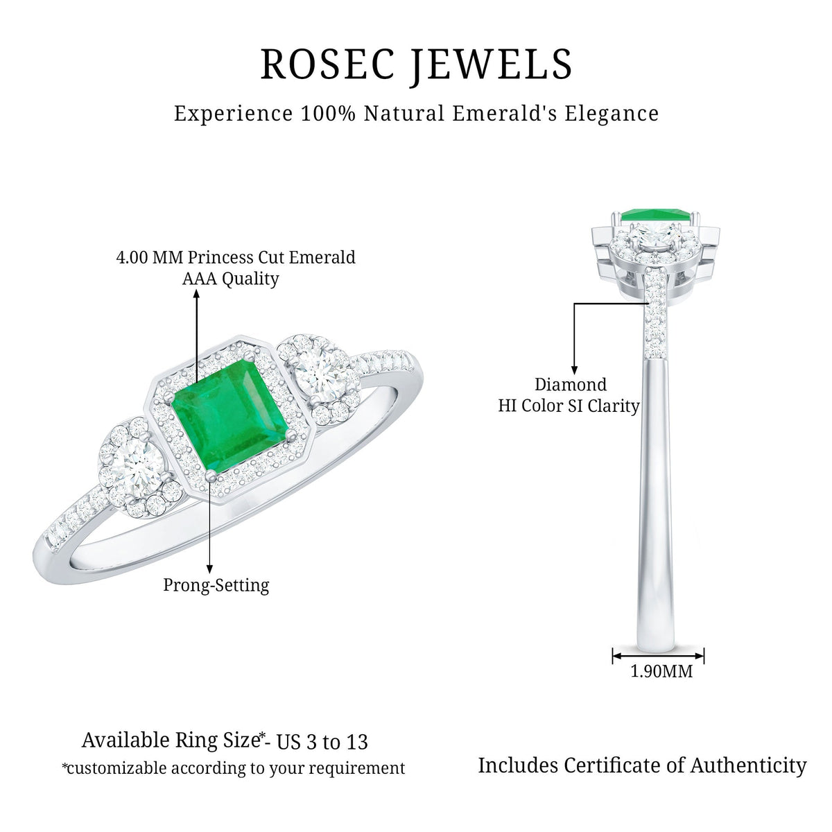 Princess Cut Emerald Ring – Vintage Engagement Band with Diamond Accents