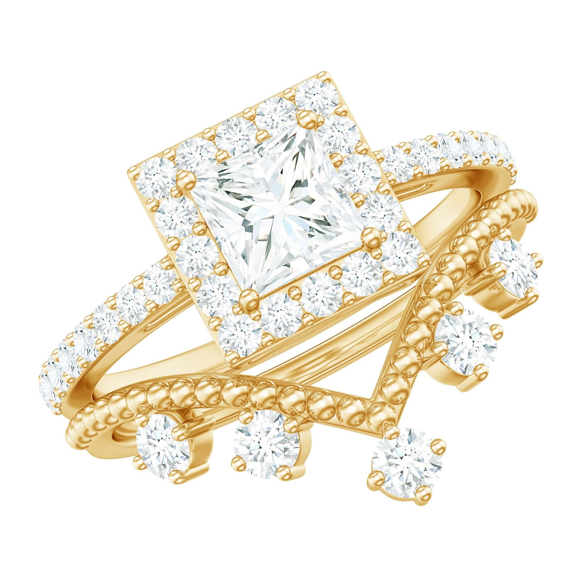 Princess Cut Moissanite Halo Wedding Ring Set with Certificate