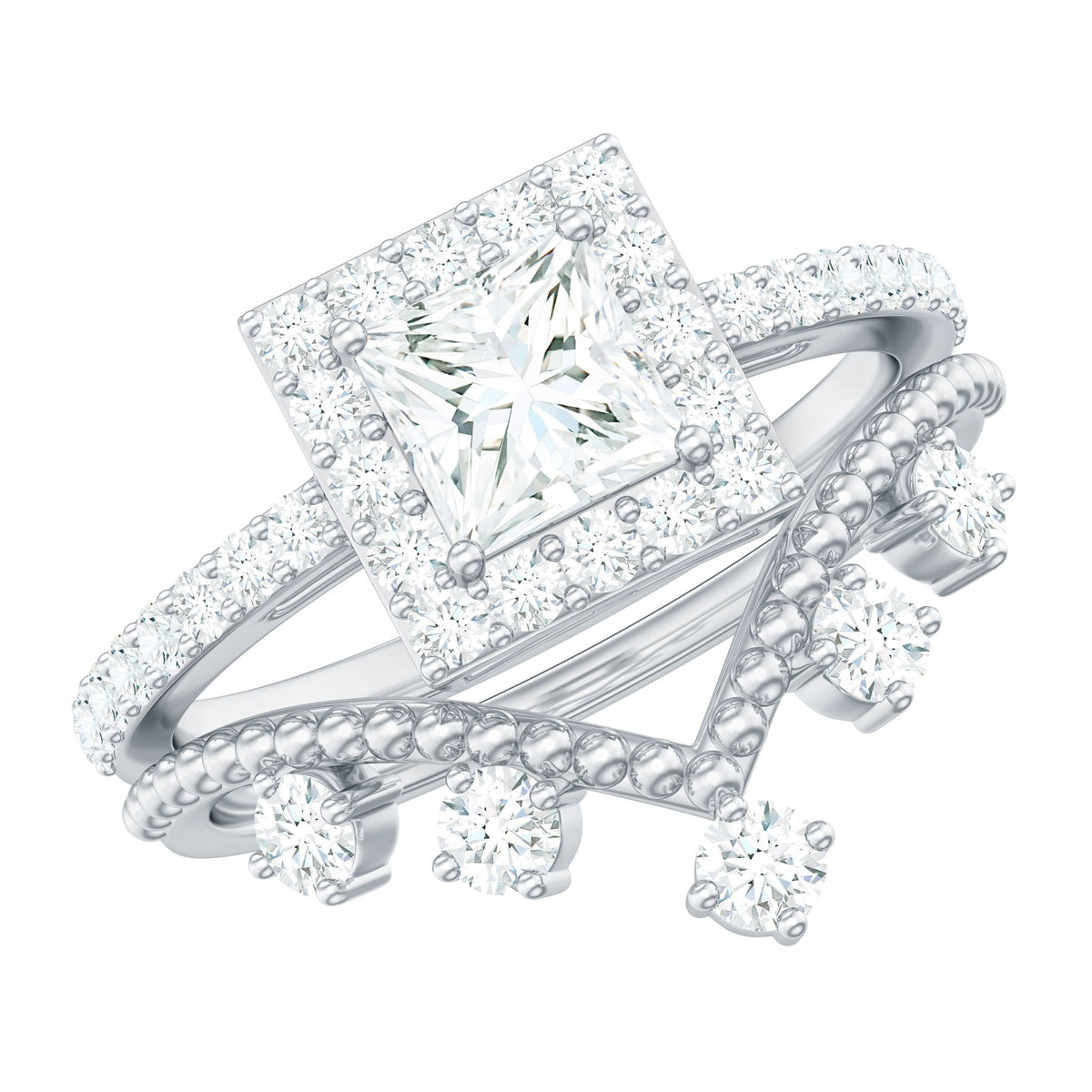 Princess Cut Moissanite Halo Wedding Ring Set with Certificate