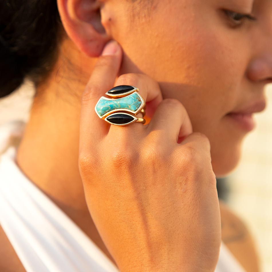 Puzzle Blue Turquoise and Black Onyx Golden Ring Set