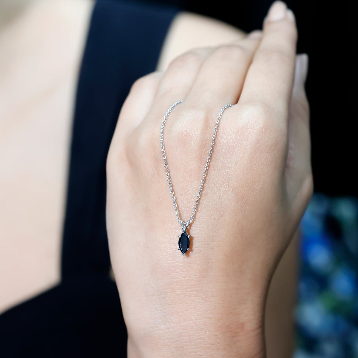 Real 0.7 Carat Black Spinel Marquise Necklace with Silver Chain