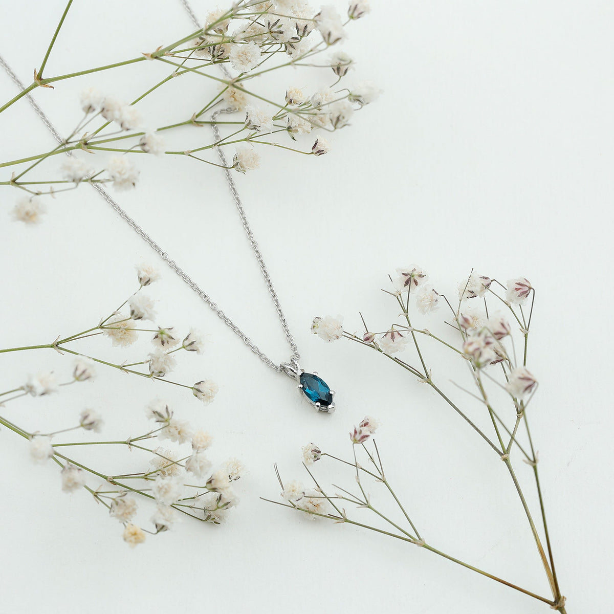 Real 0.7 Carat Marquise London Blue Topaz Necklace with Silver Chain