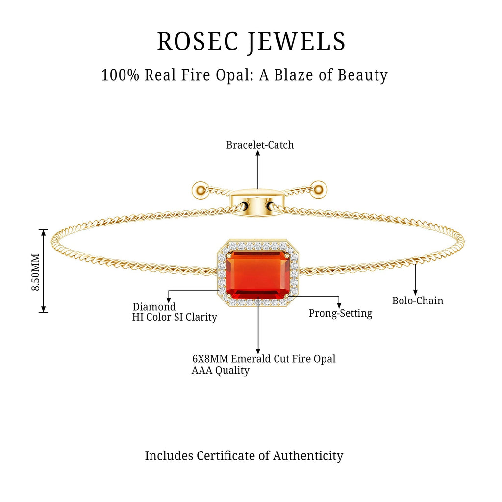 Real 1 Carat Emerald Cut Fire Opal Bolo Bracelet with Diamond Halo