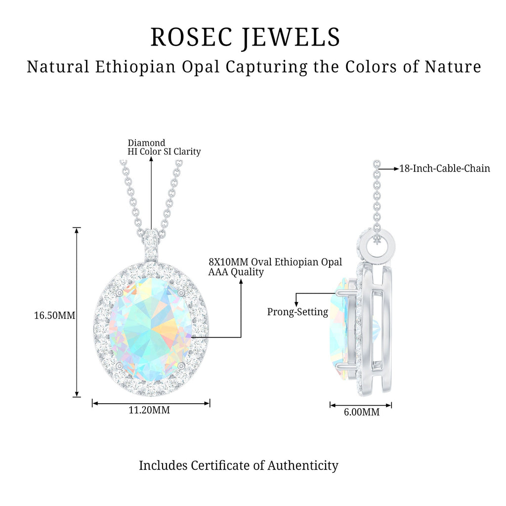 Real 1.3 Carat Ethiopian Opal Oval Pendant Necklace with Diamond Halo