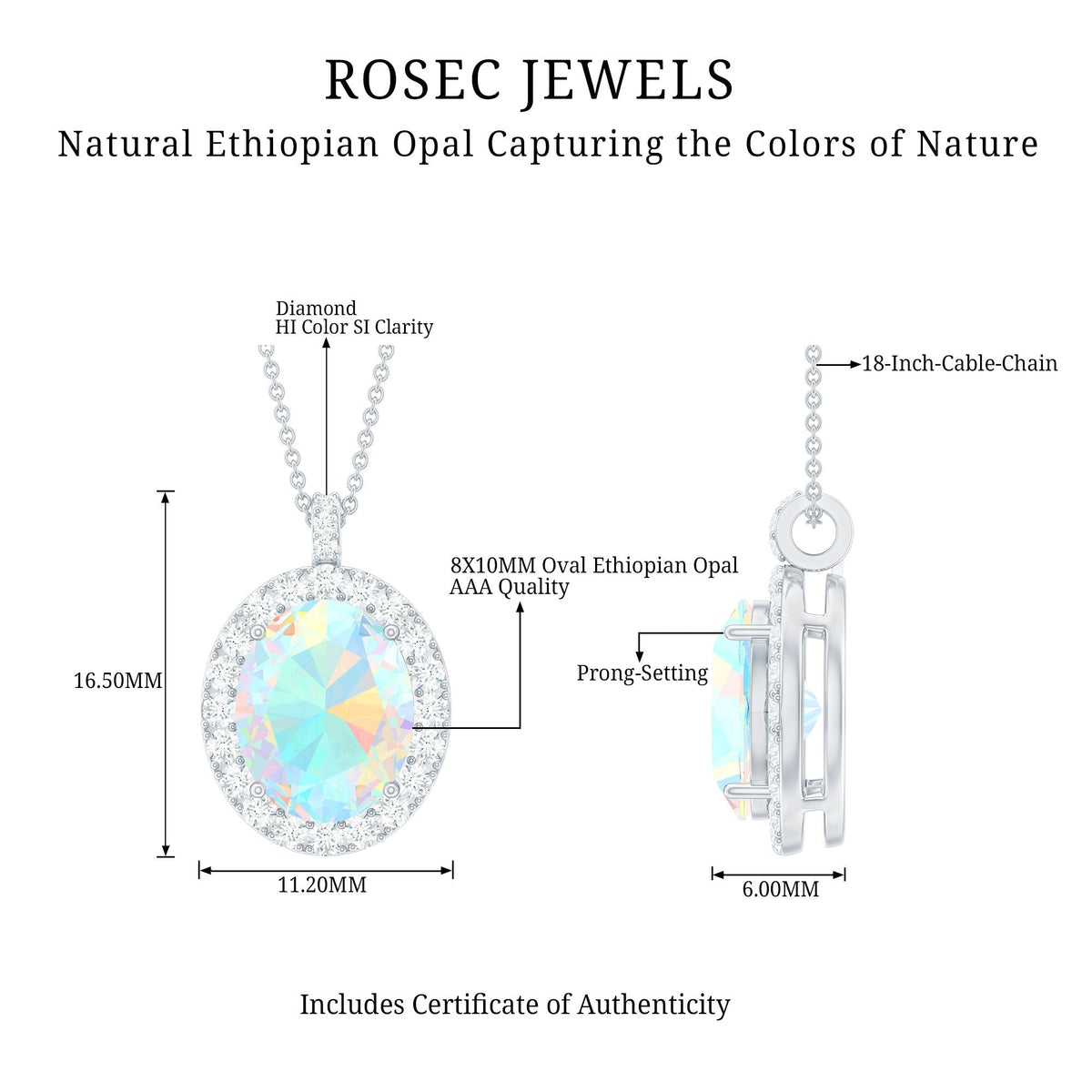 Real 1.3 Carat Ethiopian Opal Oval Pendant Necklace with Diamond Halo