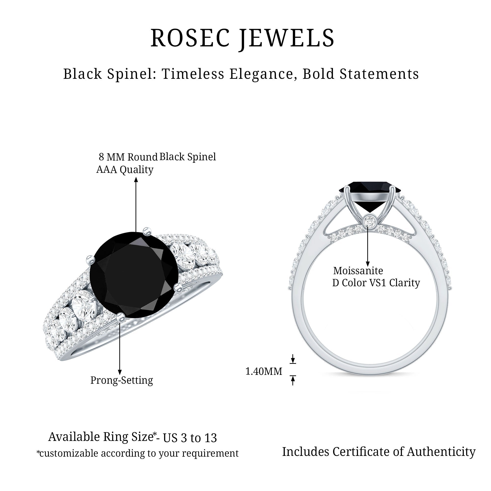 Real 2.6 Carat Black Spinel Engagement Ring with Moissanite Side Stones
