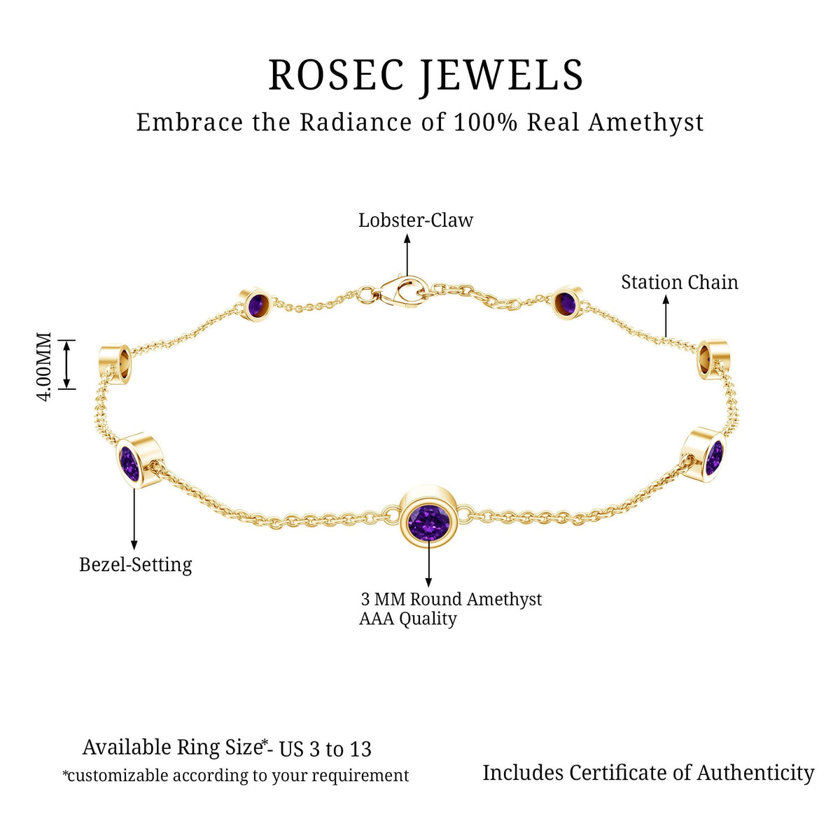 Real Amethyst Chain Bracelet in Bezel Setting
