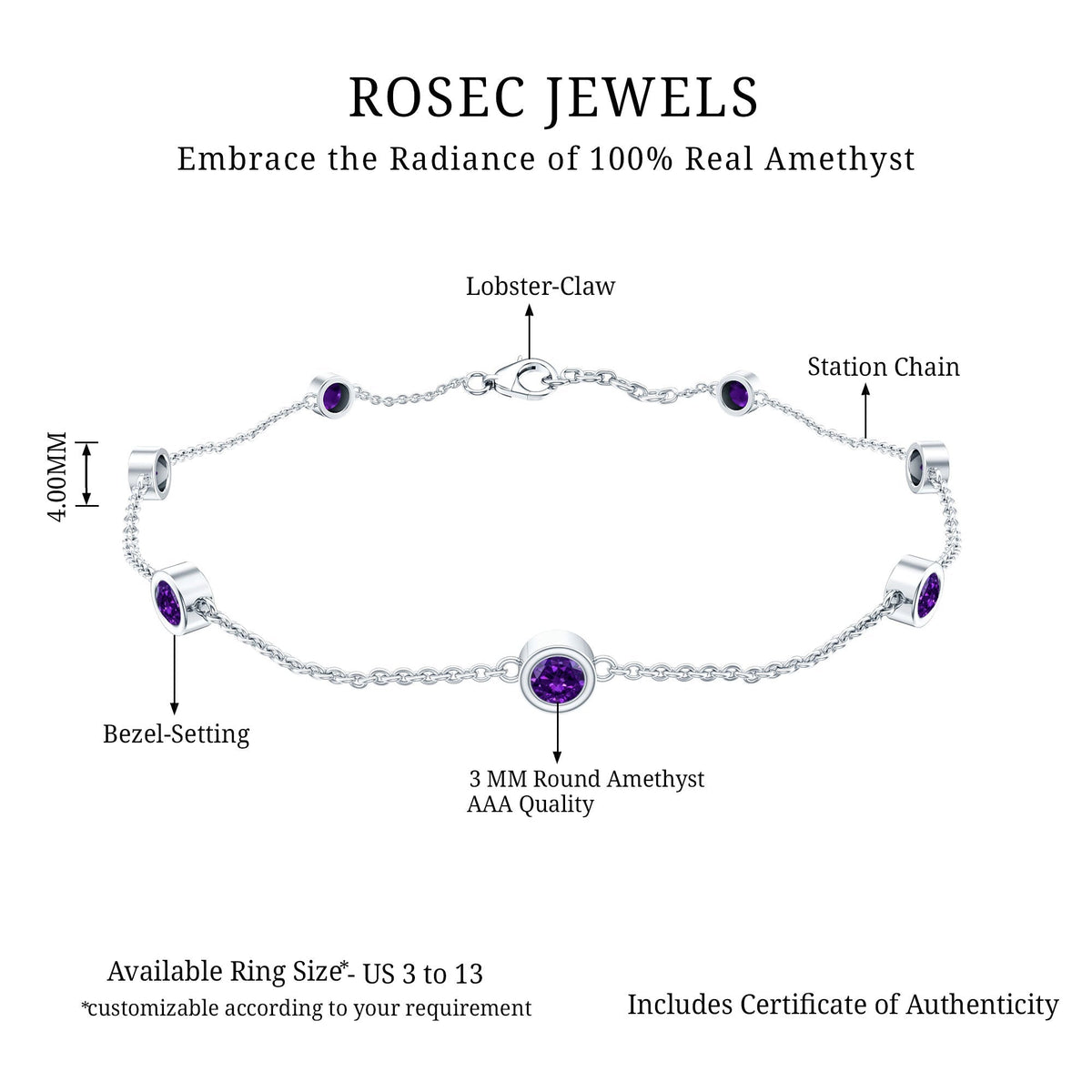 Real Amethyst Chain Bracelet in Bezel Setting