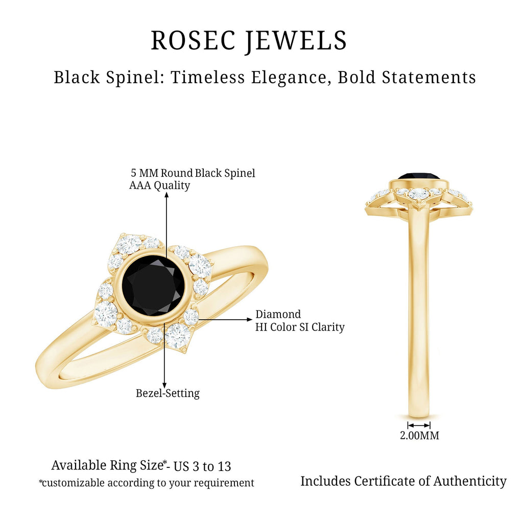 Real Bezel Set Black Spinel Flower Engagement Ring with Diamond