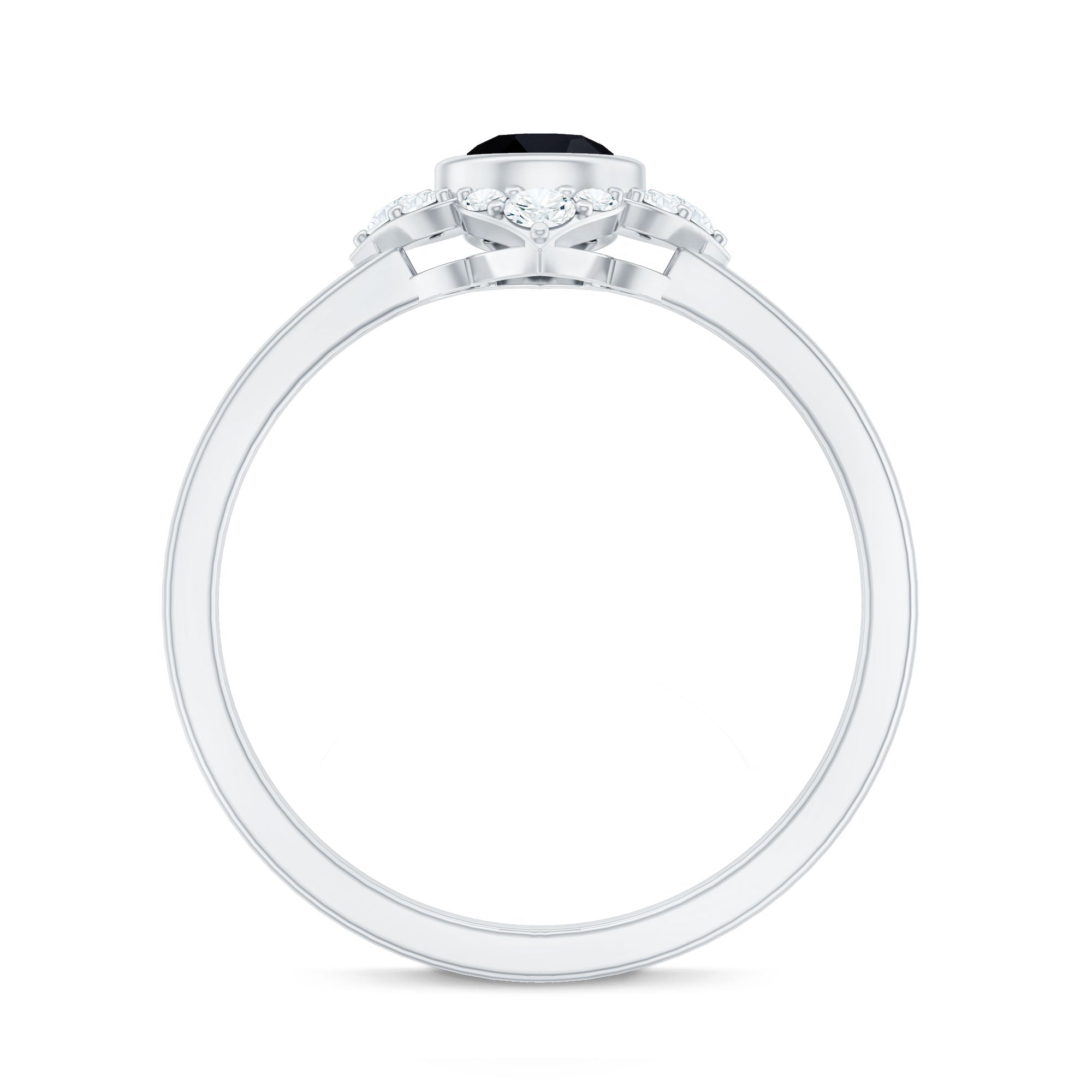 Real Bezel Set Black Spinel Flower Engagement Ring with Diamond