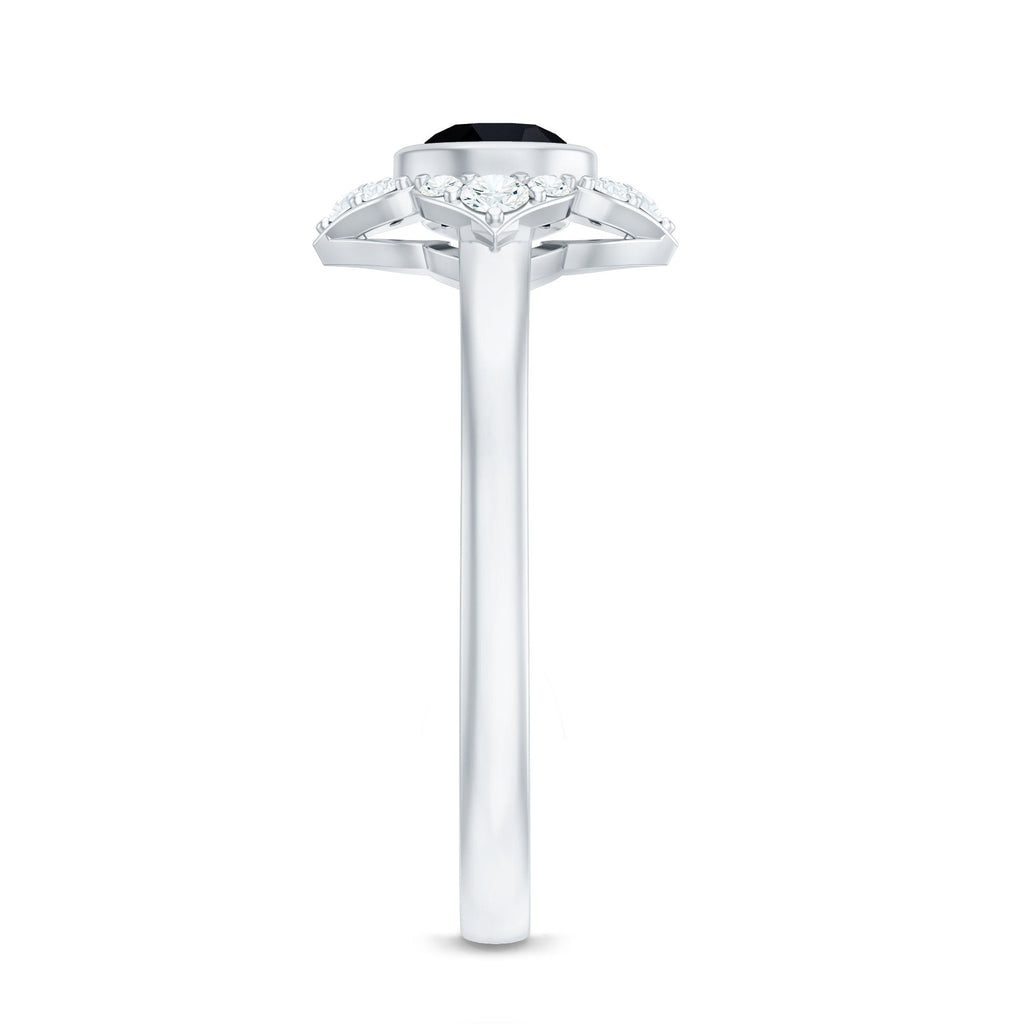 Real Bezel Set Black Spinel Flower Engagement Ring with Diamond