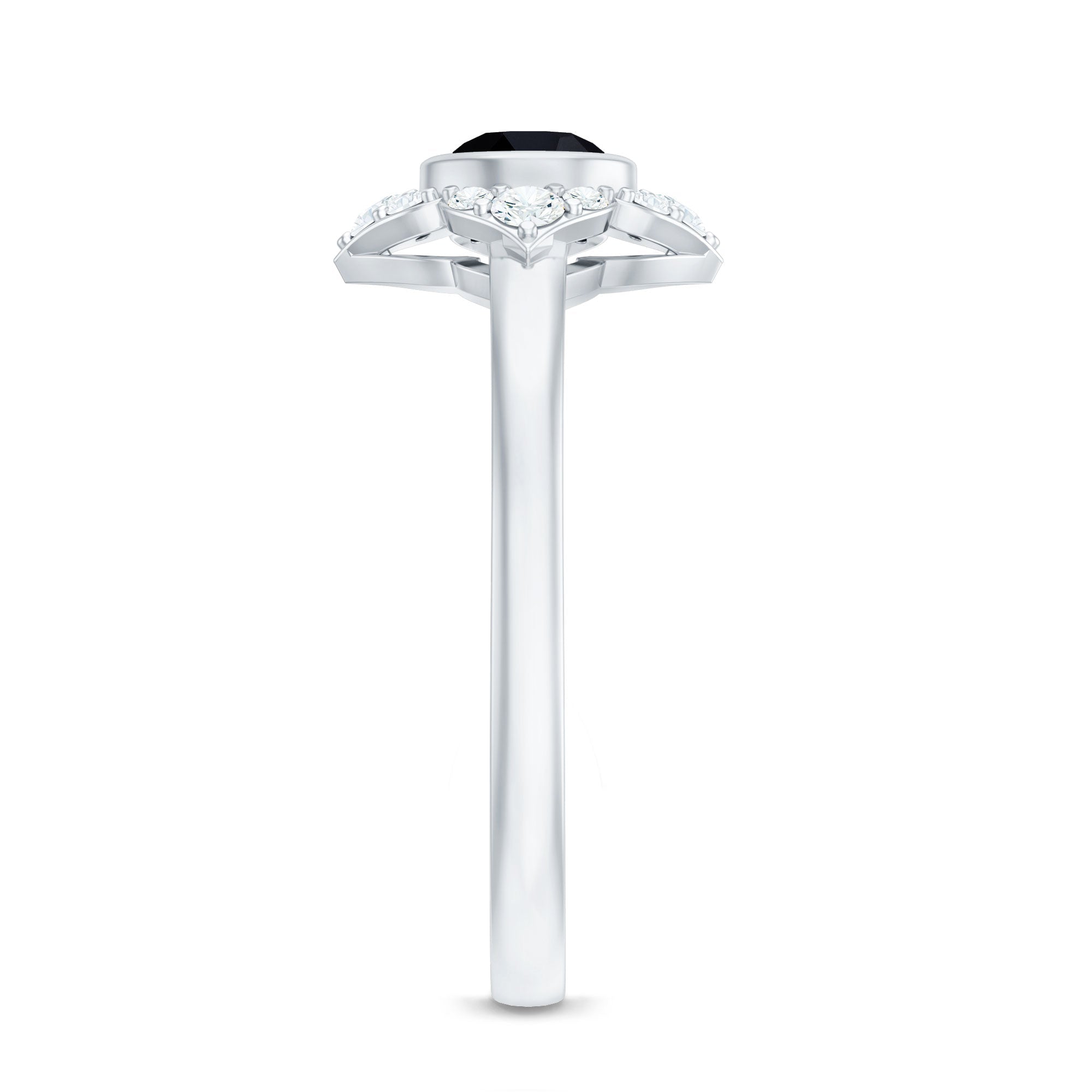 Real Bezel Set Black Spinel Flower Engagement Ring with Diamond