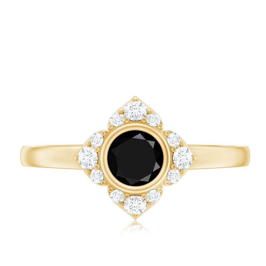 Real Bezel Set Black Spinel Flower Engagement Ring with Diamond