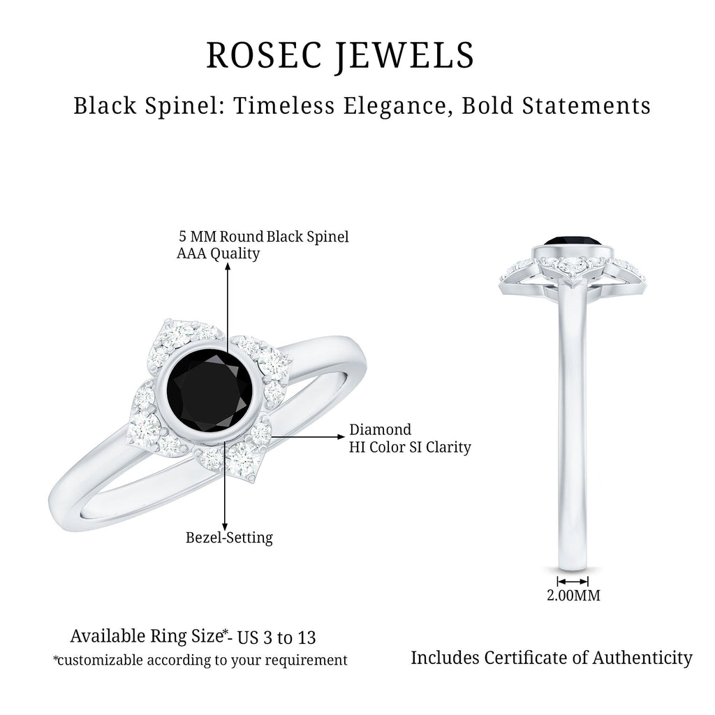 Real Bezel Set Black Spinel Flower Engagement Ring with Diamond