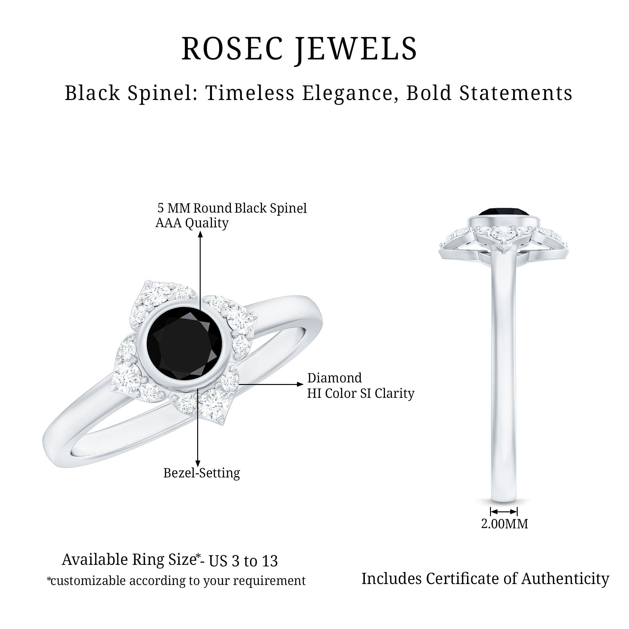 Real Bezel Set Black Spinel Flower Engagement Ring with Diamond