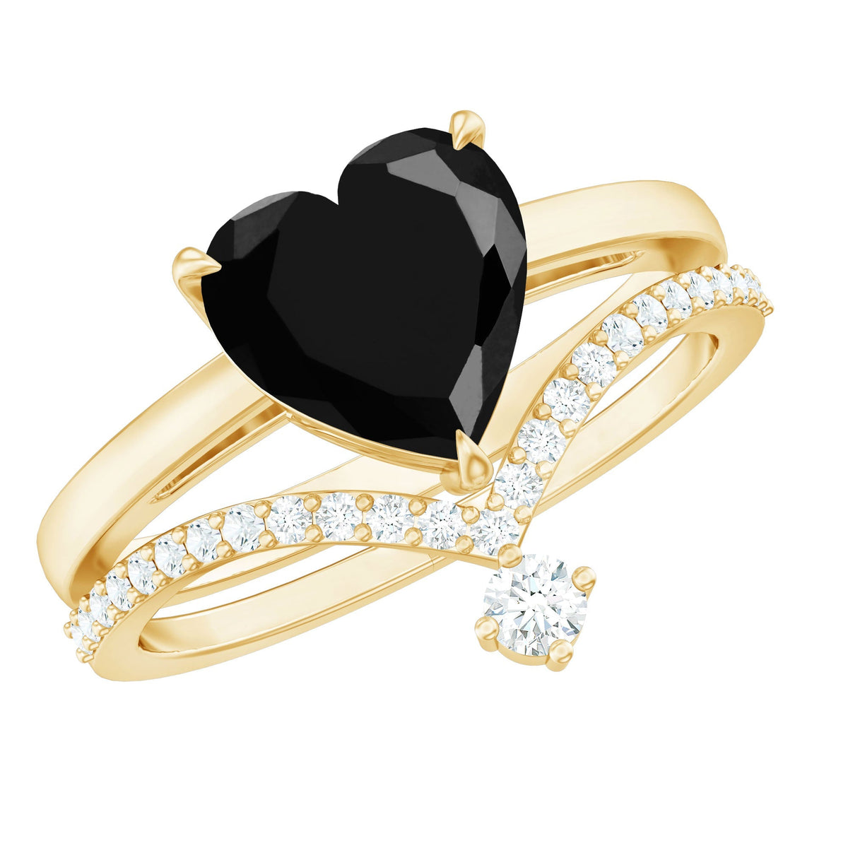 Real Black Onyx and Diamond Heart Wedding Ring Set