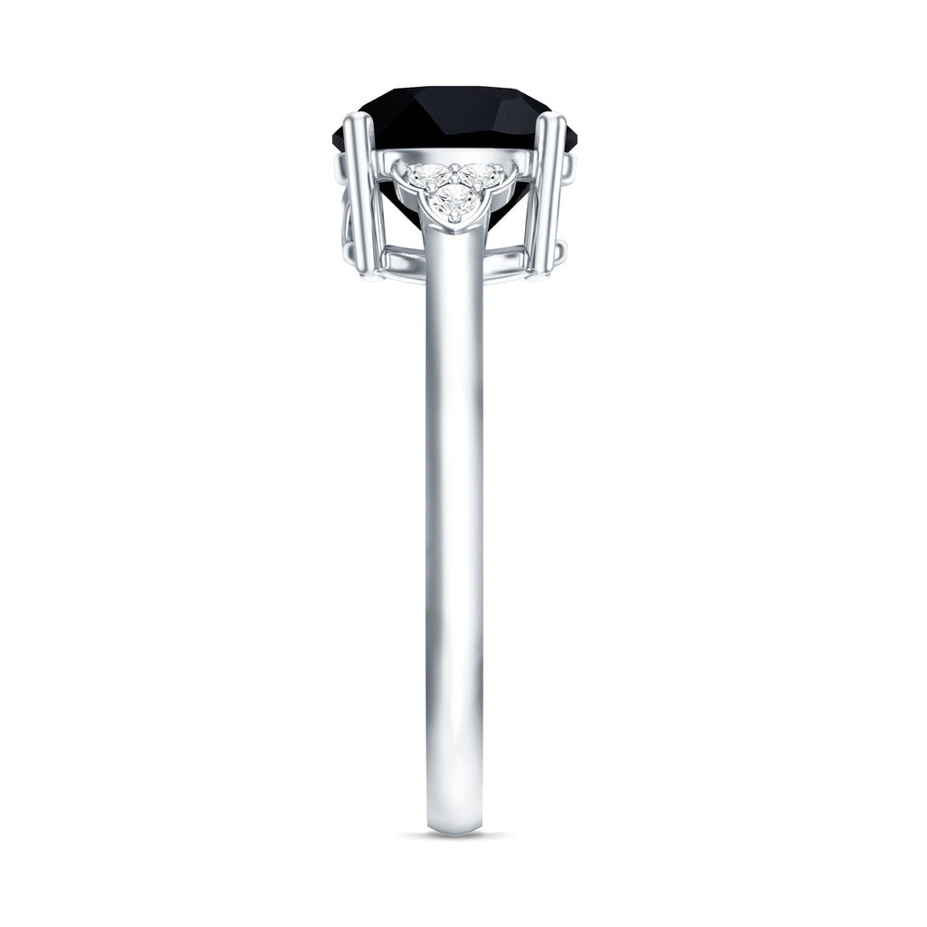 Real Black Onyx Solitaire Engagement Ring with Diamond Trio
