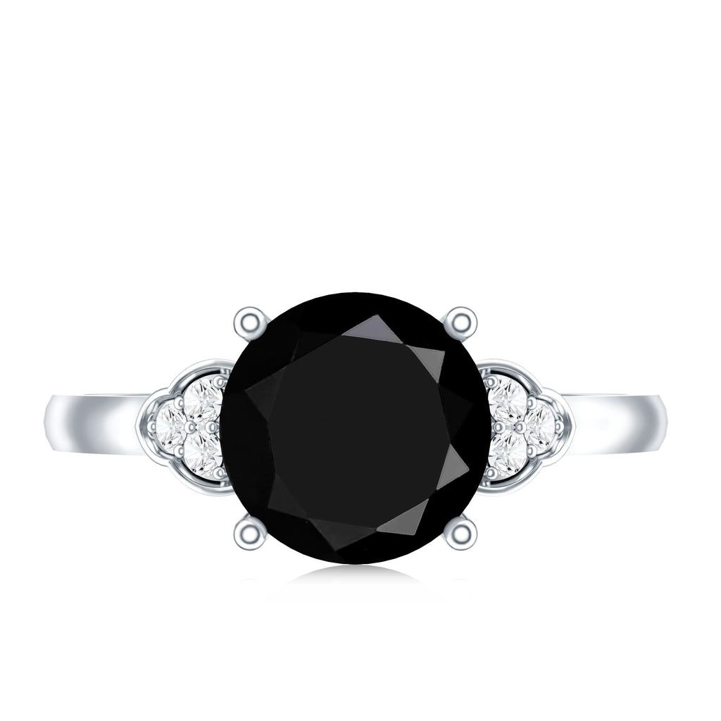 Real Black Onyx Solitaire Engagement Ring with Diamond Trio