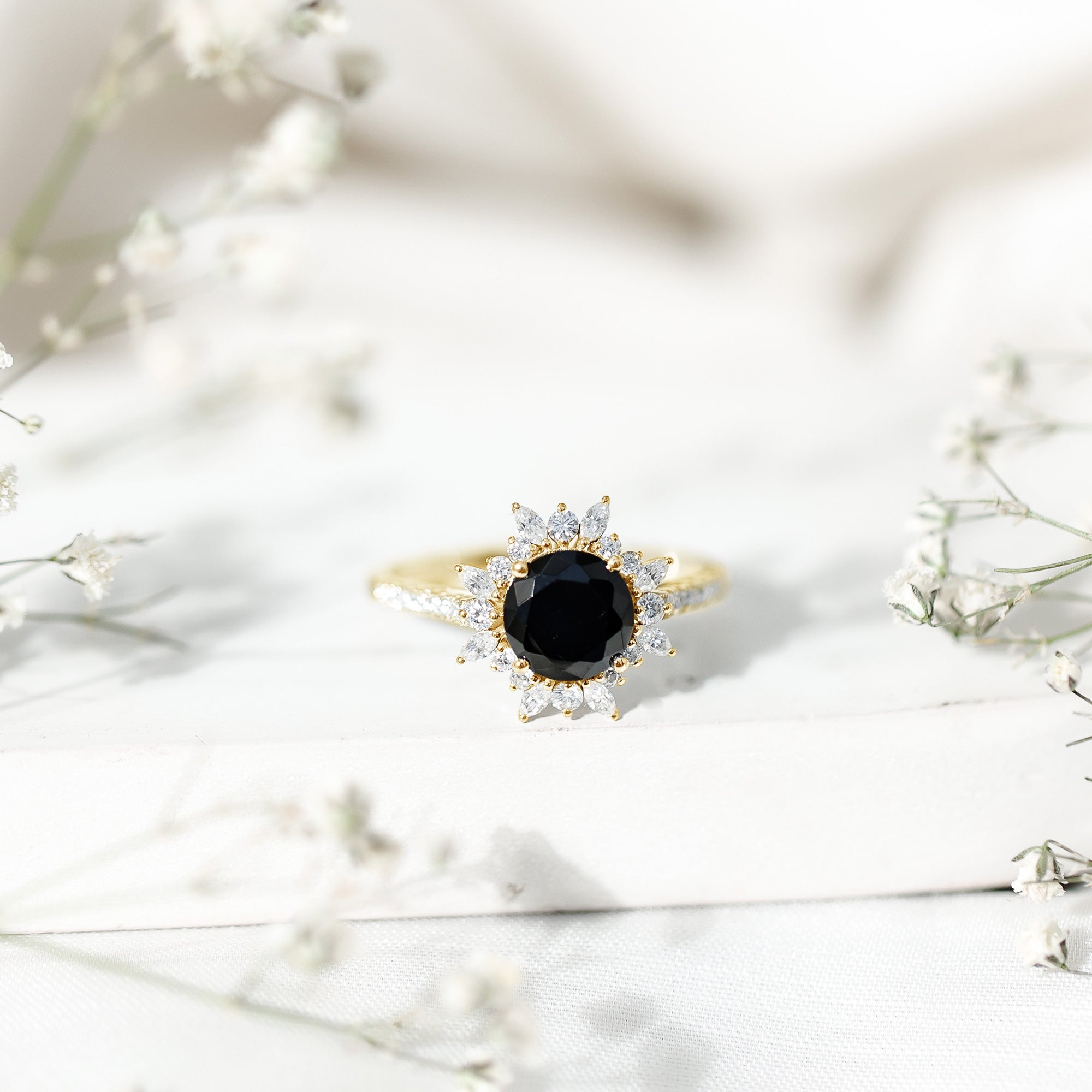 Real Black Spinel Engagement Ring with Moissanite Halo