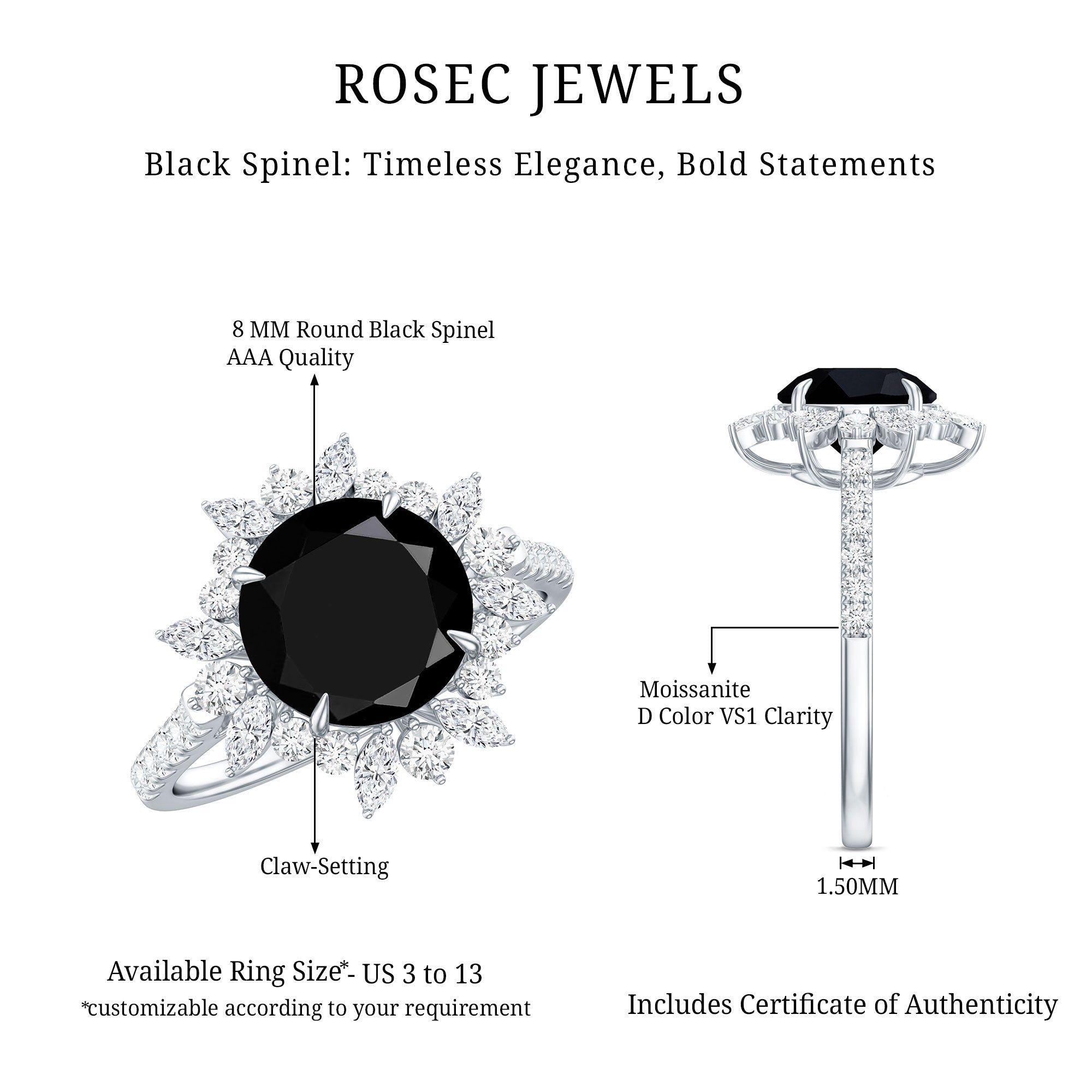 Real Black Spinel Engagement Ring with Moissanite Halo