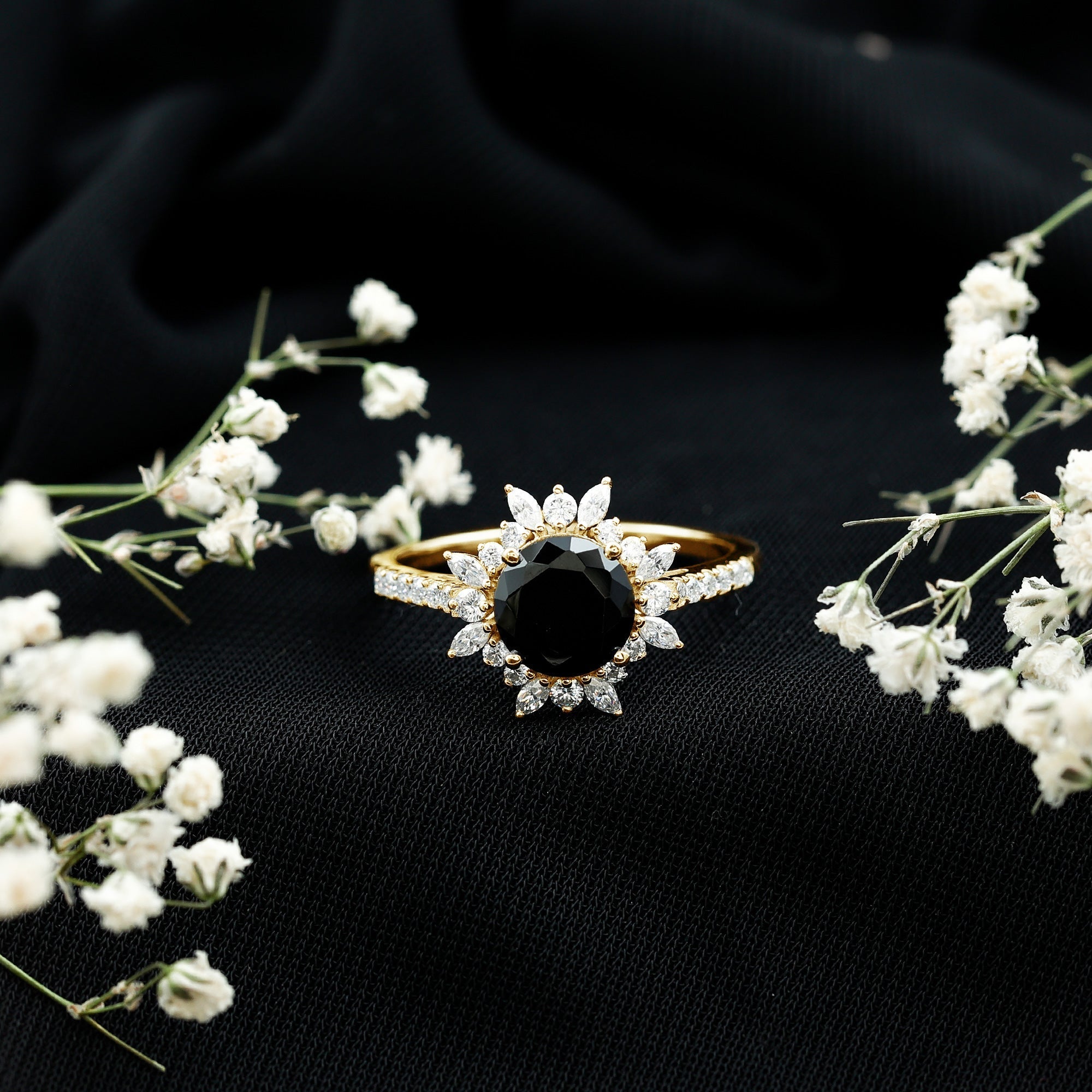 Real Black Spinel Engagement Ring with Moissanite Halo