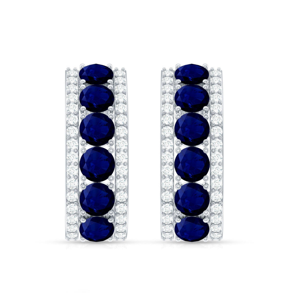 Real Blue Sapphire and Diamond Half Hoop Earrings