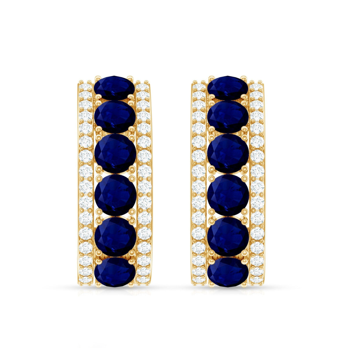 Real Blue Sapphire and Diamond Half Hoop Earrings