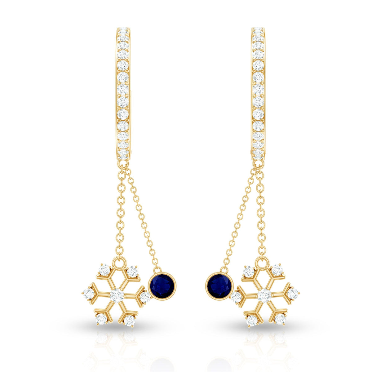 Real Blue Sapphire and Diamond Snowflake Dangle Hoop Earrings
