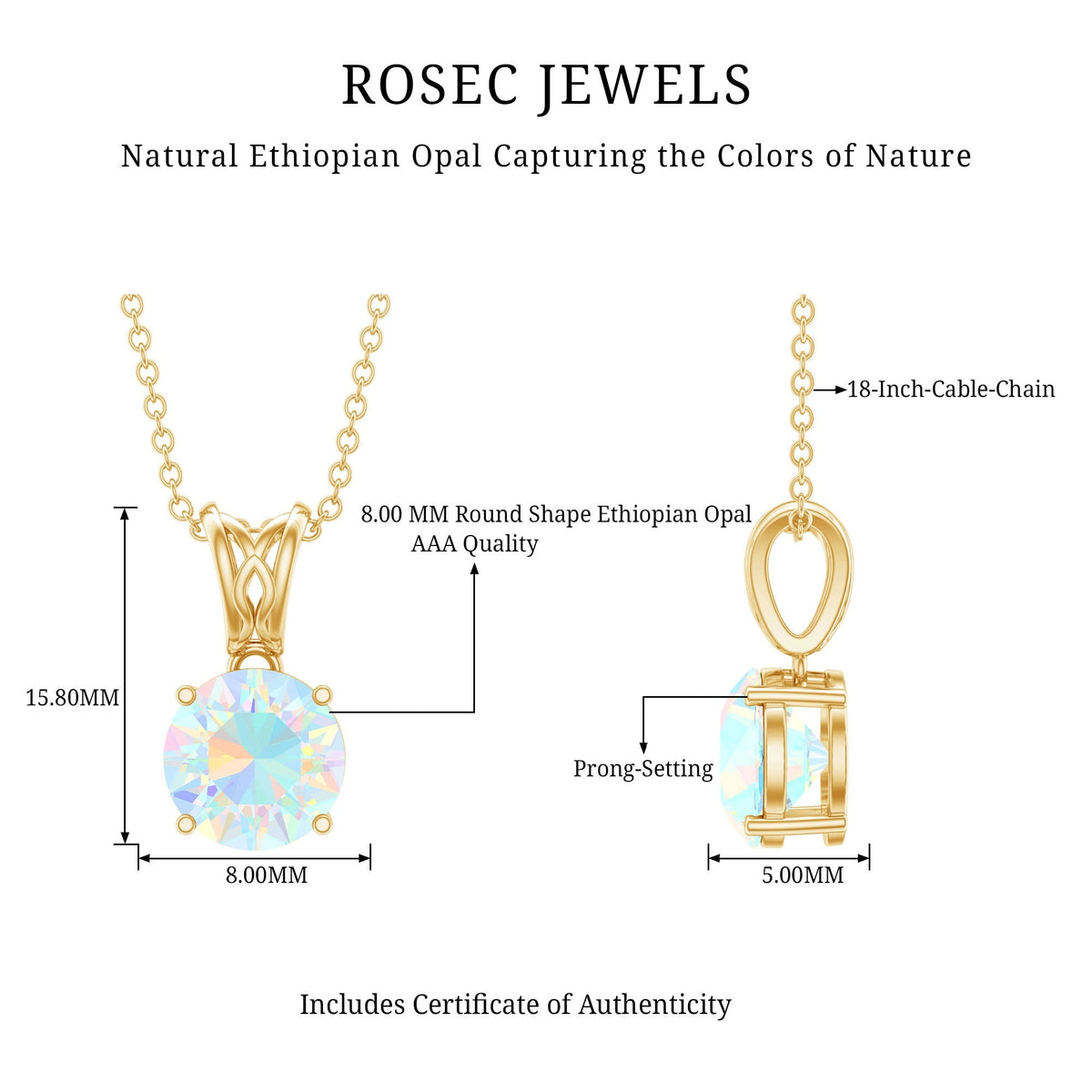 Real Ethiopian Opal Solitaire Pendant Necklace with Chain