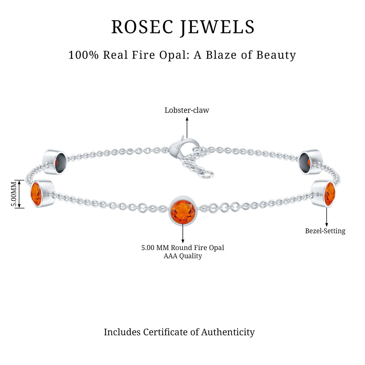 Real Fire Opal Five Stone Station Chain Bracelet in Bezel Setting