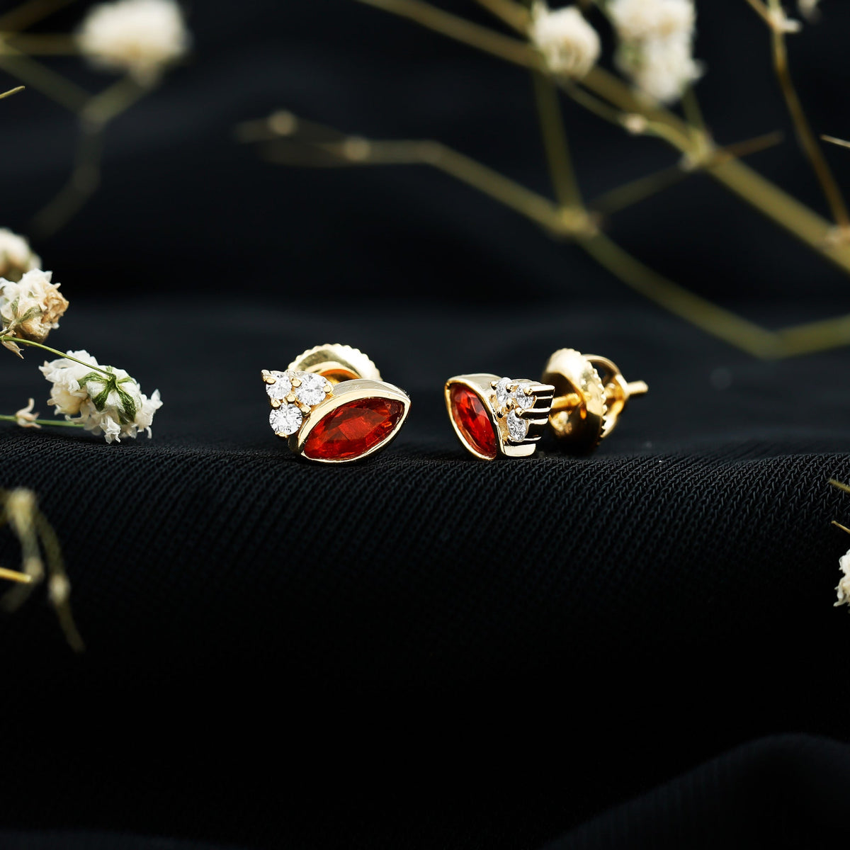 Real Half Carat Fire Opal Stud Earrings with Diamond