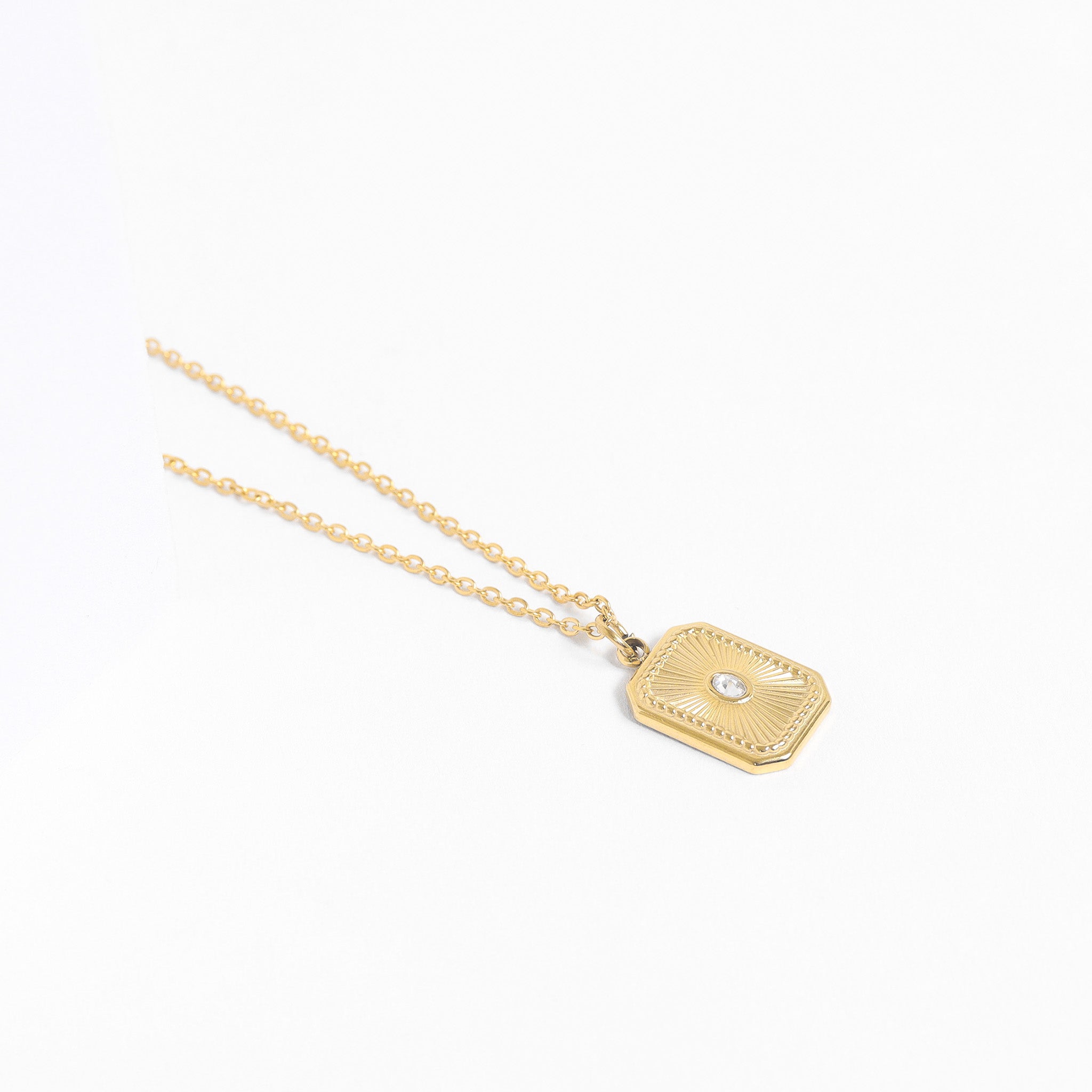 Gold Crystal Charm – Rectangle Sunburst Pendant | 18K Gold Jewelry, PVD Coated
