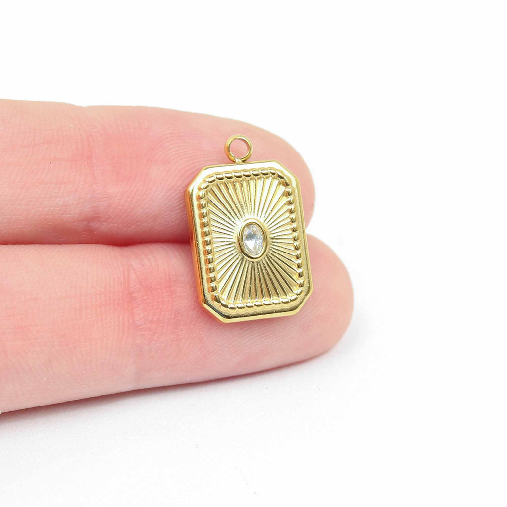 Gold Crystal Charm – Rectangle Sunburst Pendant | 18K Gold Jewelry, PVD Coated