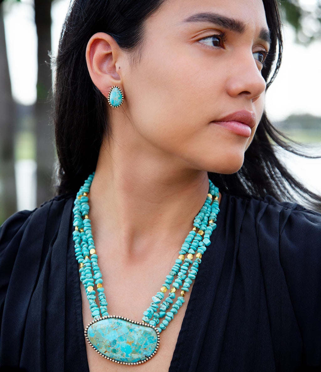Refined Blue Turquoise Golden Statement Necklace