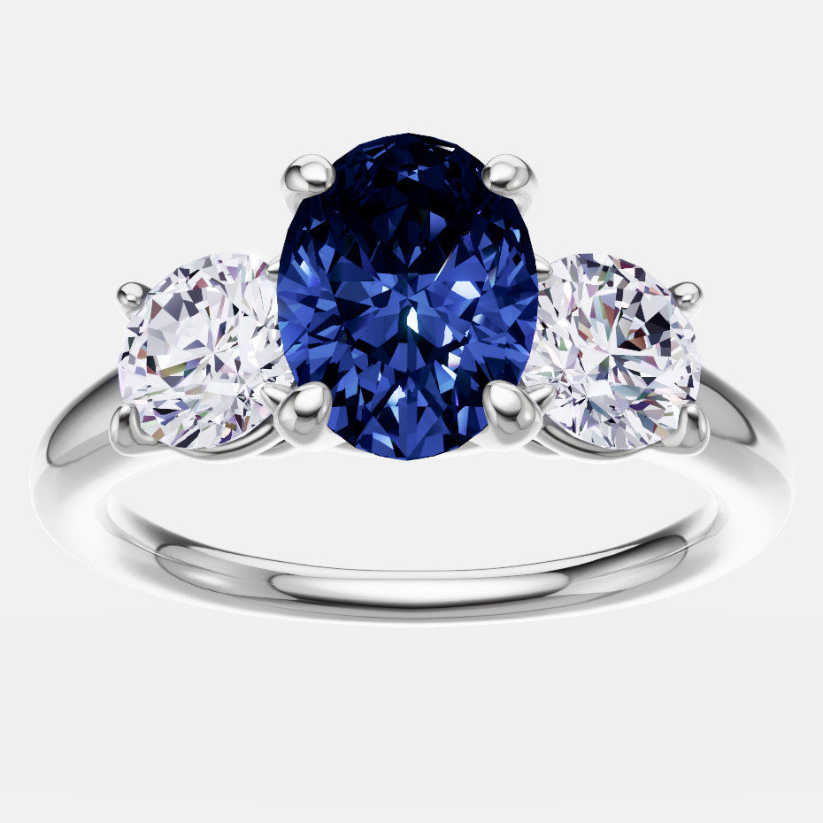 Blue Sapphire Engagement Ring – 14kt Solid Gold Oval Cut Sapphire with Diamond Side Stones