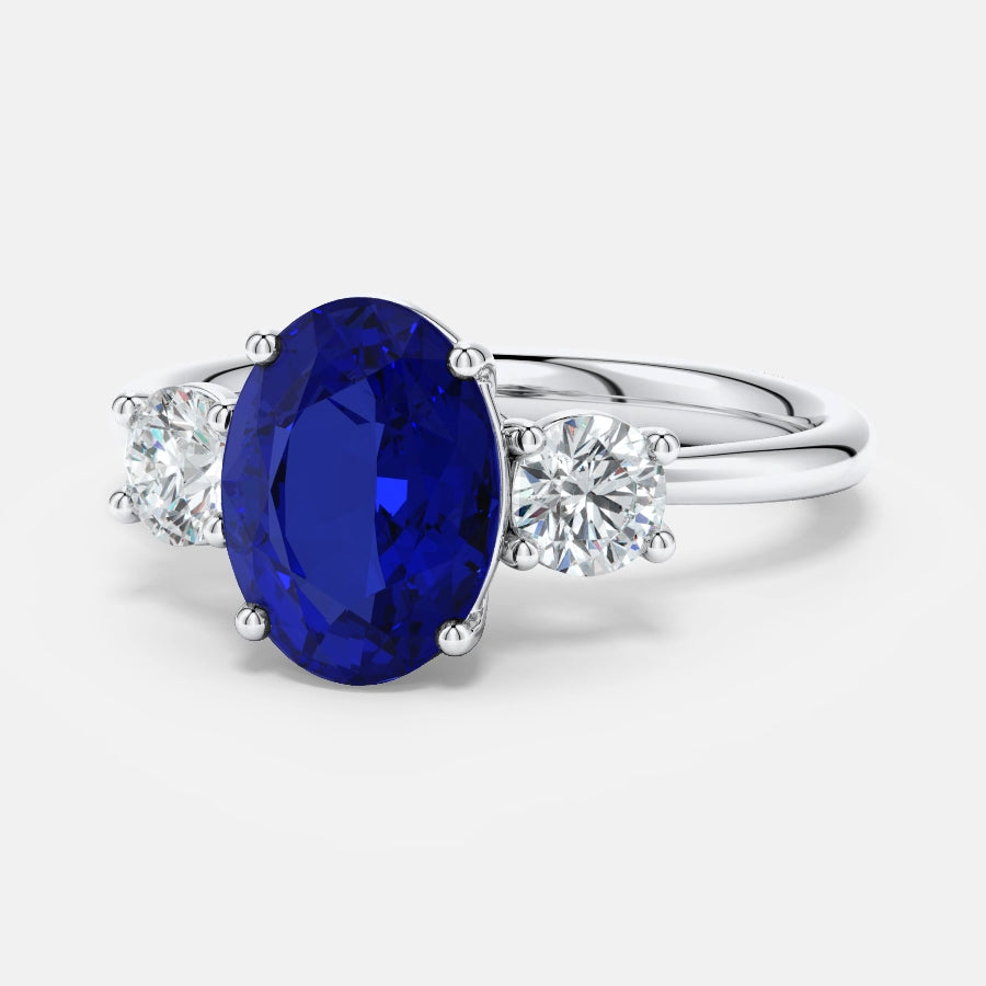 Lab Grown Sapphire Ring – 2.50 CTW Oval Sapphire Three Stone Engagement in 14K White Gold