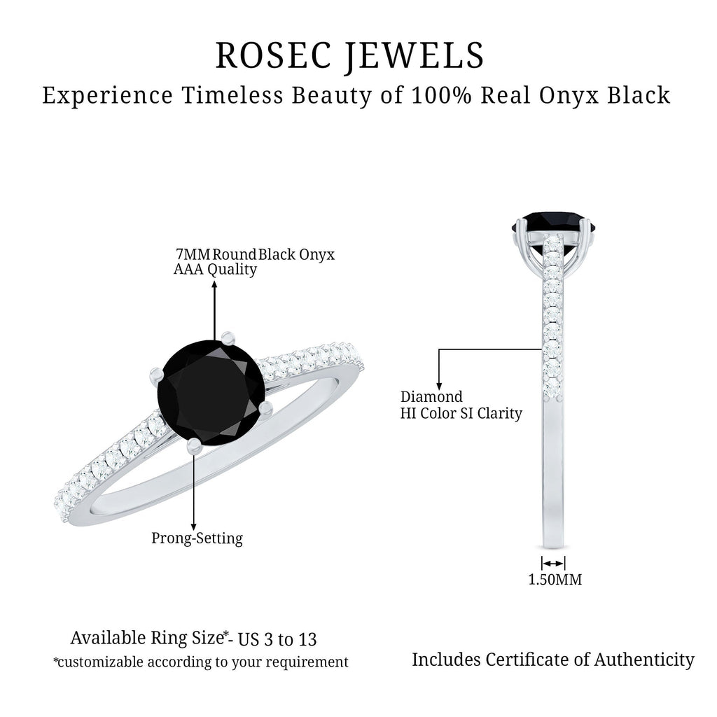 Round Black Onyx Engagement Ring with Diamond Side Stones