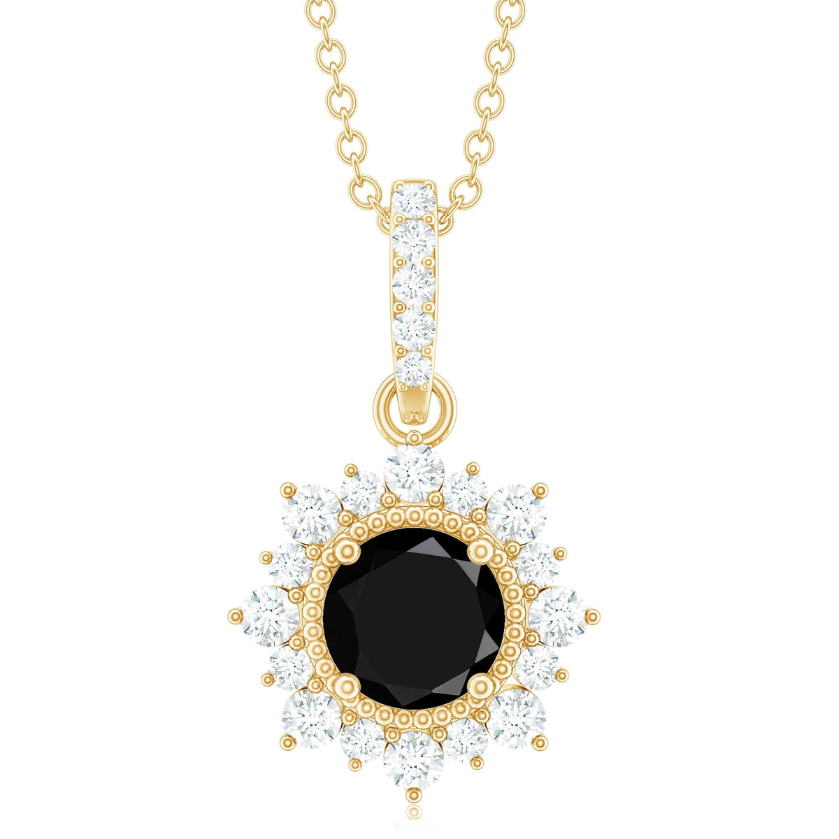 Round Black Spinel Halo Pendant with Diamond Accent Bail