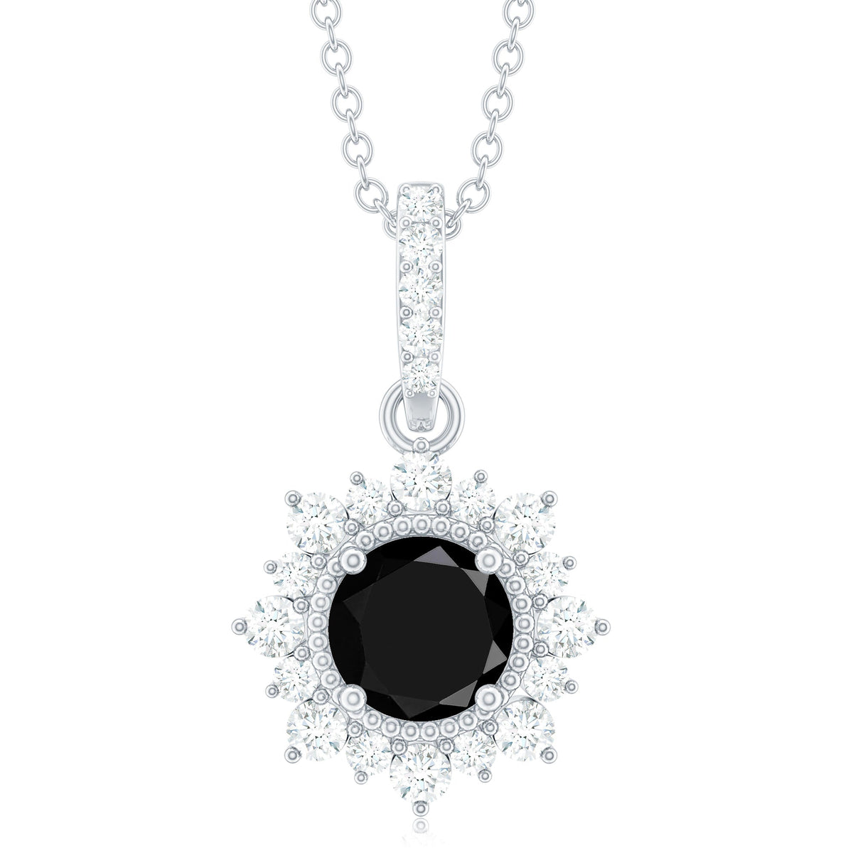 Round Black Spinel Halo Pendant with Diamond Accent Bail
