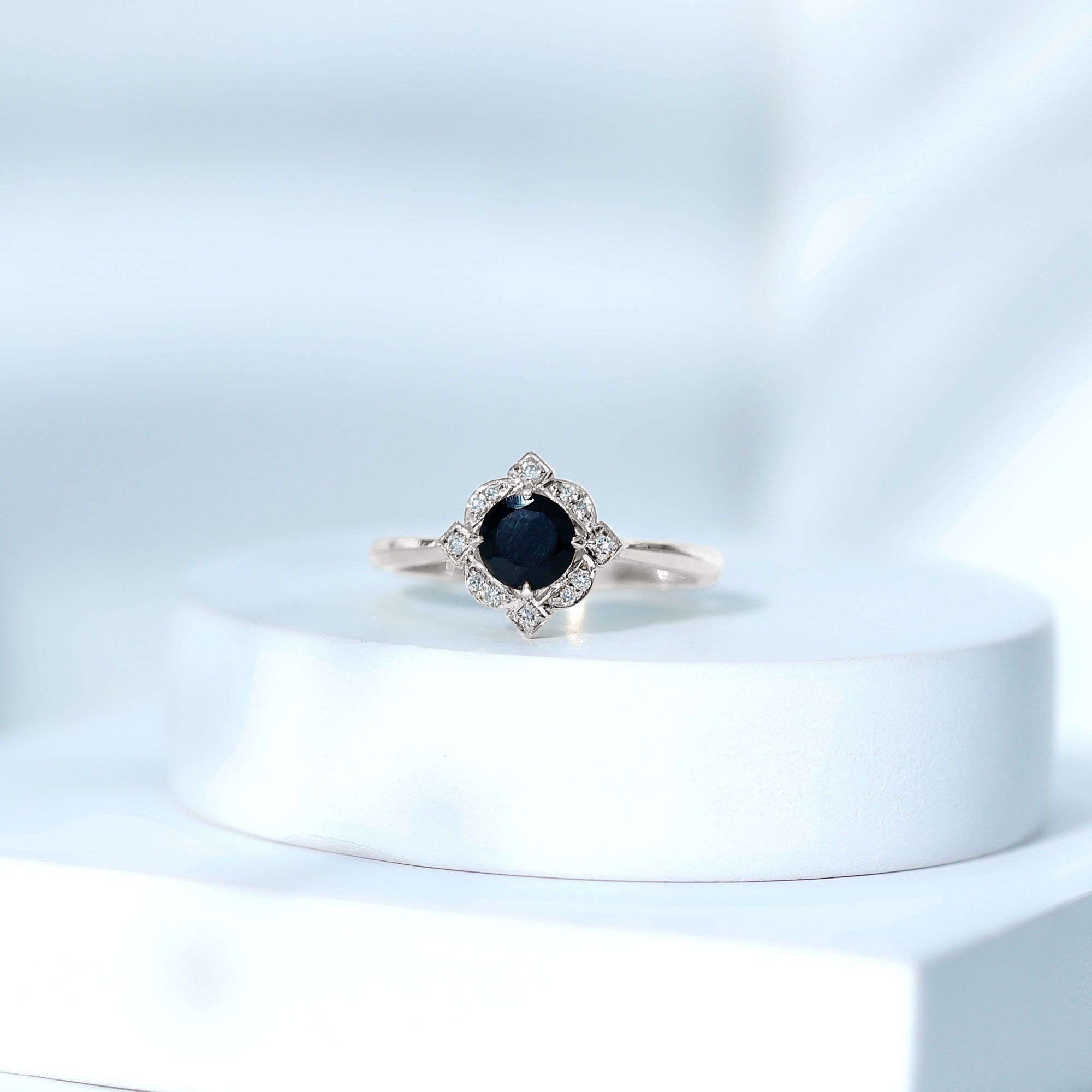 Round Cut Black Onyx and Diamond Flower Engagement Ring