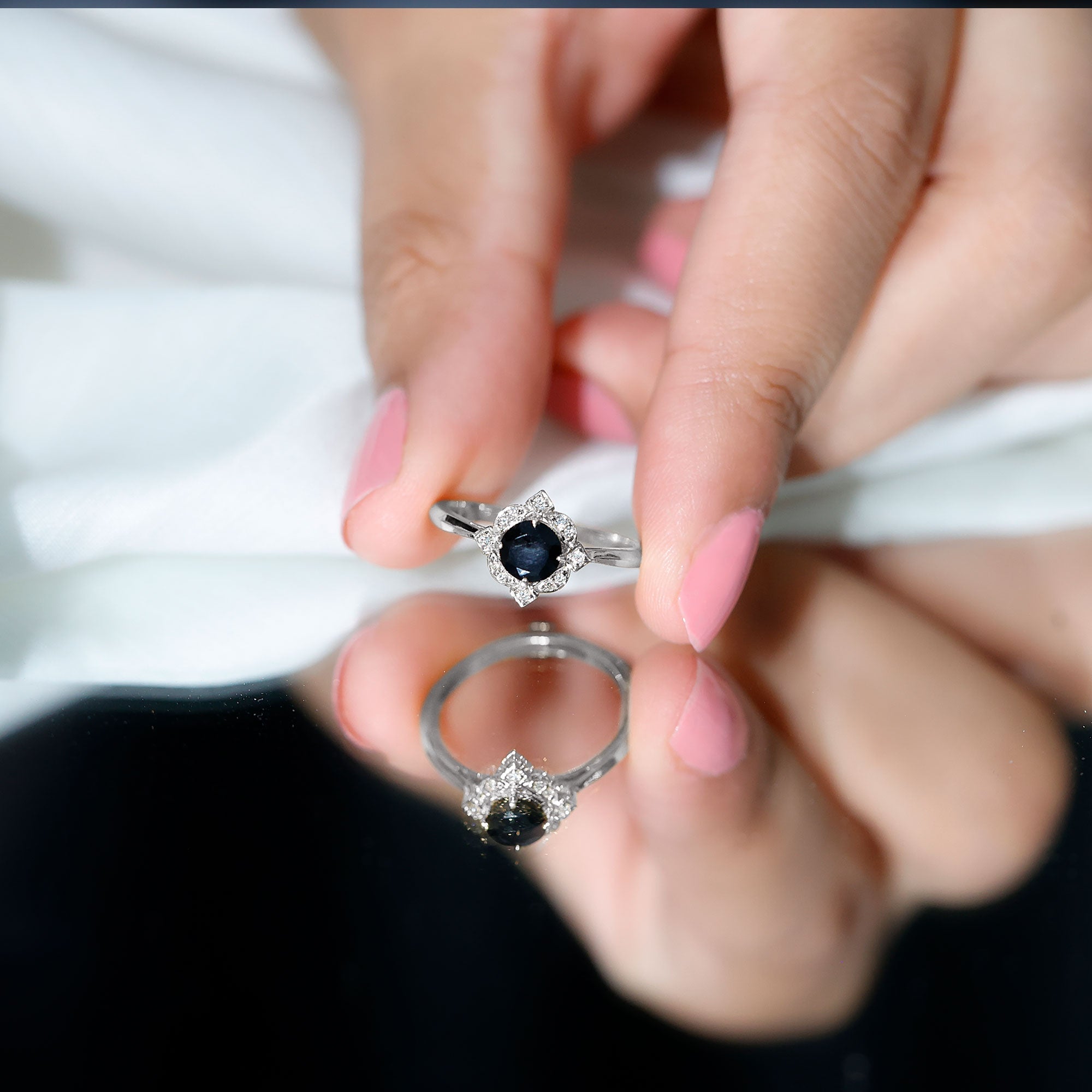 Round Cut Black Onyx and Diamond Flower Engagement Ring